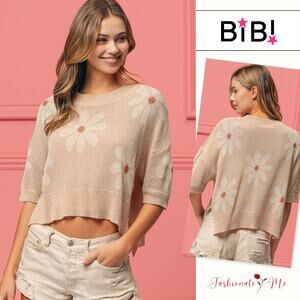 BiBi Floral Pattern Lightweight Short Sleeves Side Slit Sweater | Oatmeal/Ivory